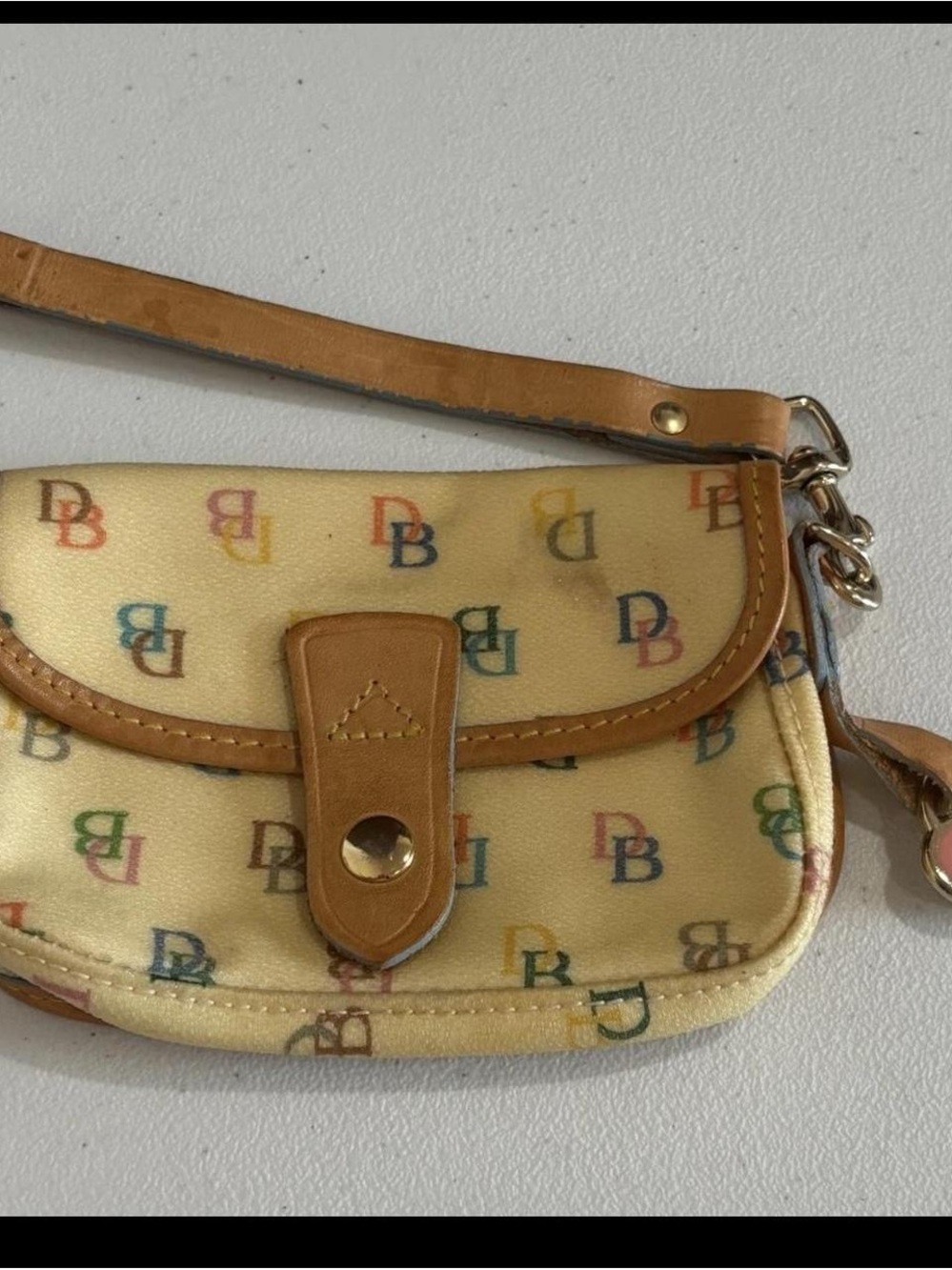 Dooney & Bourke Cream Multicolor Logo Wristlet with Tan Trim
